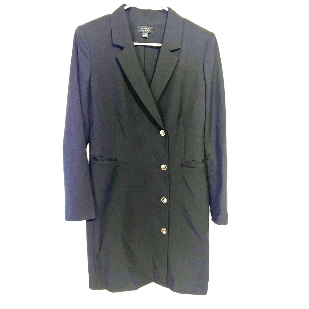 Tahari Arthur S Levine Black Blazer Dress Gold Buttons 8 Professional Office